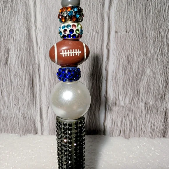 2 Beaded Pens - Gold and Pink Beaded Pen And Gray Football Themed Pen - Picture 3 of 4